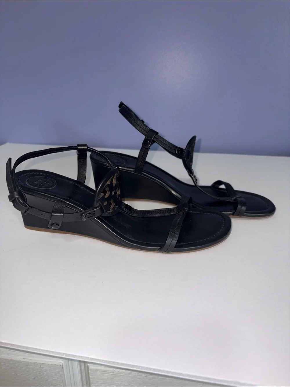 Tory Burch Black Leather Logo Miller T-Strap Sandals with Signature Medallion